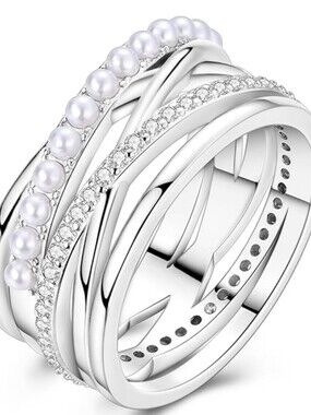 Macy's Silver Multi-Band Pearl & Crystal Stack Ring - White